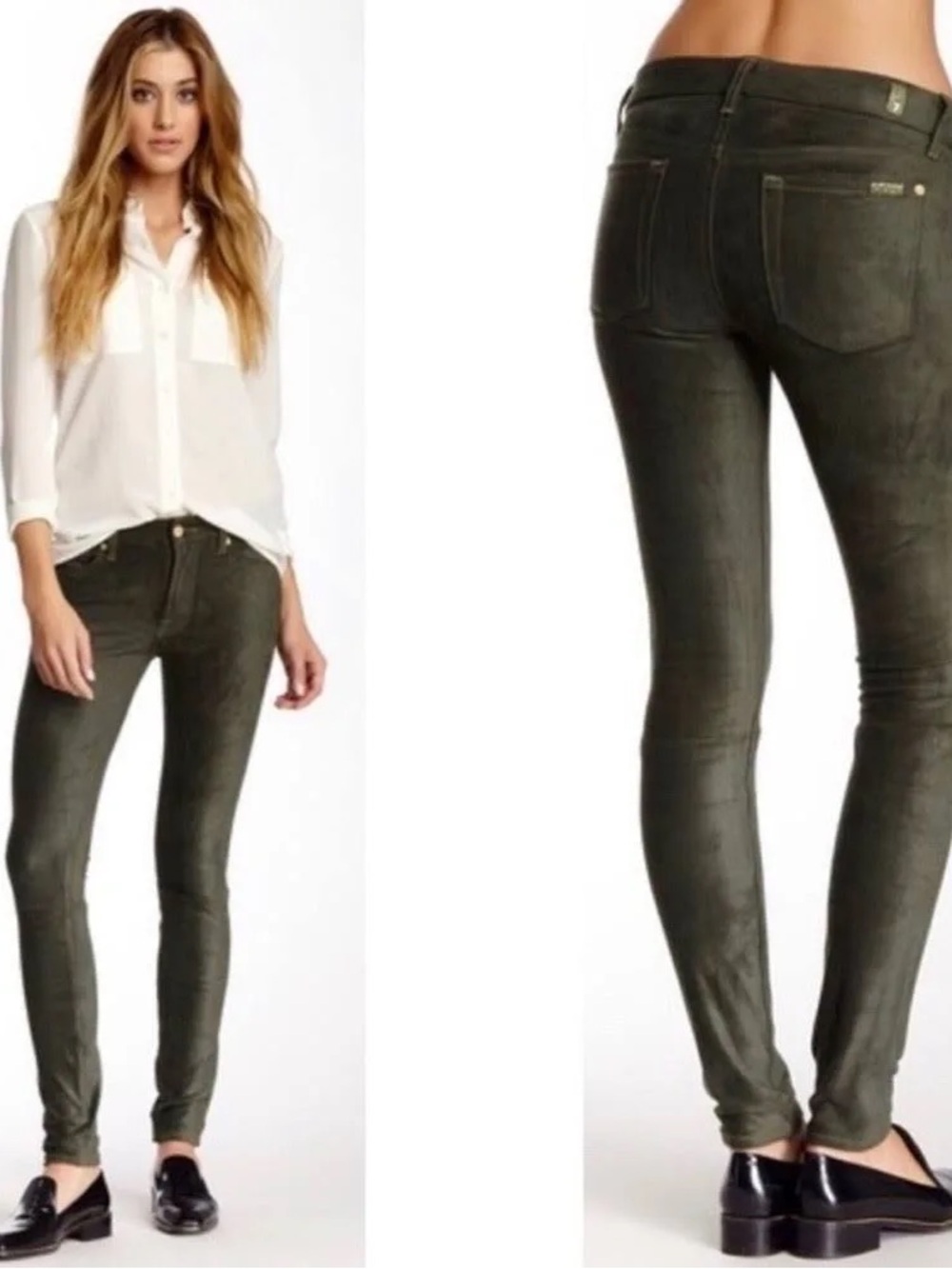 7 For All Mankind Olive suede Skinny High-Rise Jeans